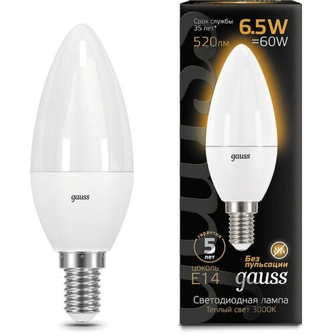 Упаковка ламп LED GAUSS E14, свеча, 6.5Вт, 10 шт. [103101107]