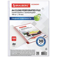 BRAUBERG папки-файлы перфорированные A4 Economy, гладкие, 30 мкм 100 шт., прозрачные