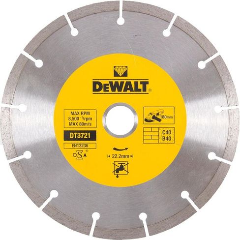 Алмазный диск DeWalt DT3721-QZ (диаметр 180 мм, посадочное отверстие 22.2 мм, назначение: бетон, кирпич) Диск алмазный d