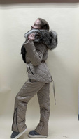 Бежевый зимний костюм до -35 градусов: куртка парка на кулиске с мехом до груди и штаны - Дополнительно широкий пояс на