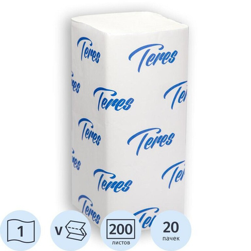 Полотенца бумажные листовые Терес Стандарт V-сложения 1-слойные 20 пачек по 200 листов (артикул производителя Т-0226)